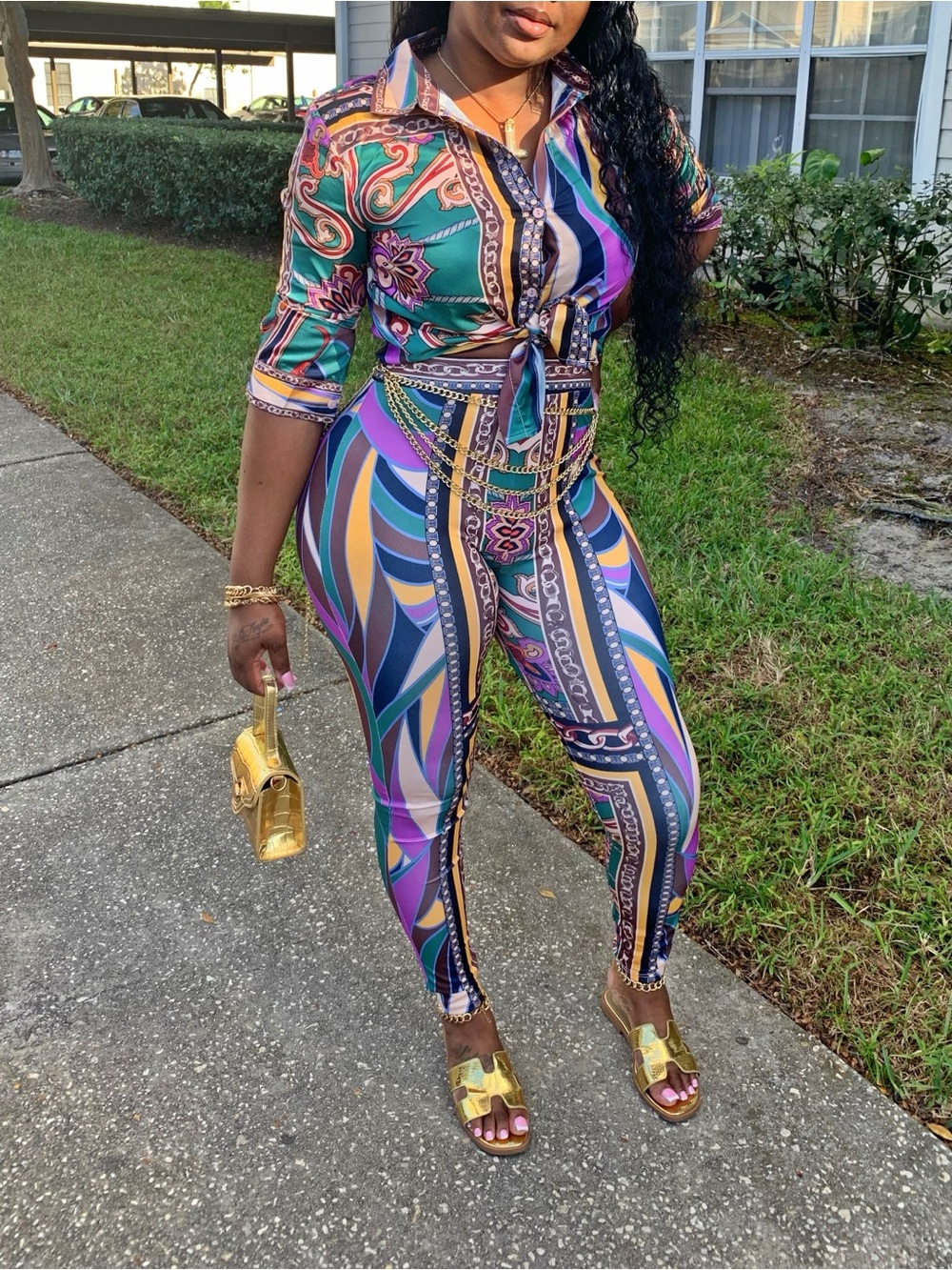 Silky Printed Leggings & Shirt Set - Green Multi
